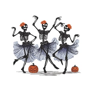 May include: Three skeleton figures in black tutus and orange flower headbands dance with their arms raised. Two orange pumpkins with carved faces are on the ground in front of them.