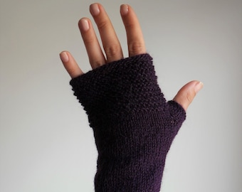 Hand knit purple alpaca wool fingerless mittens