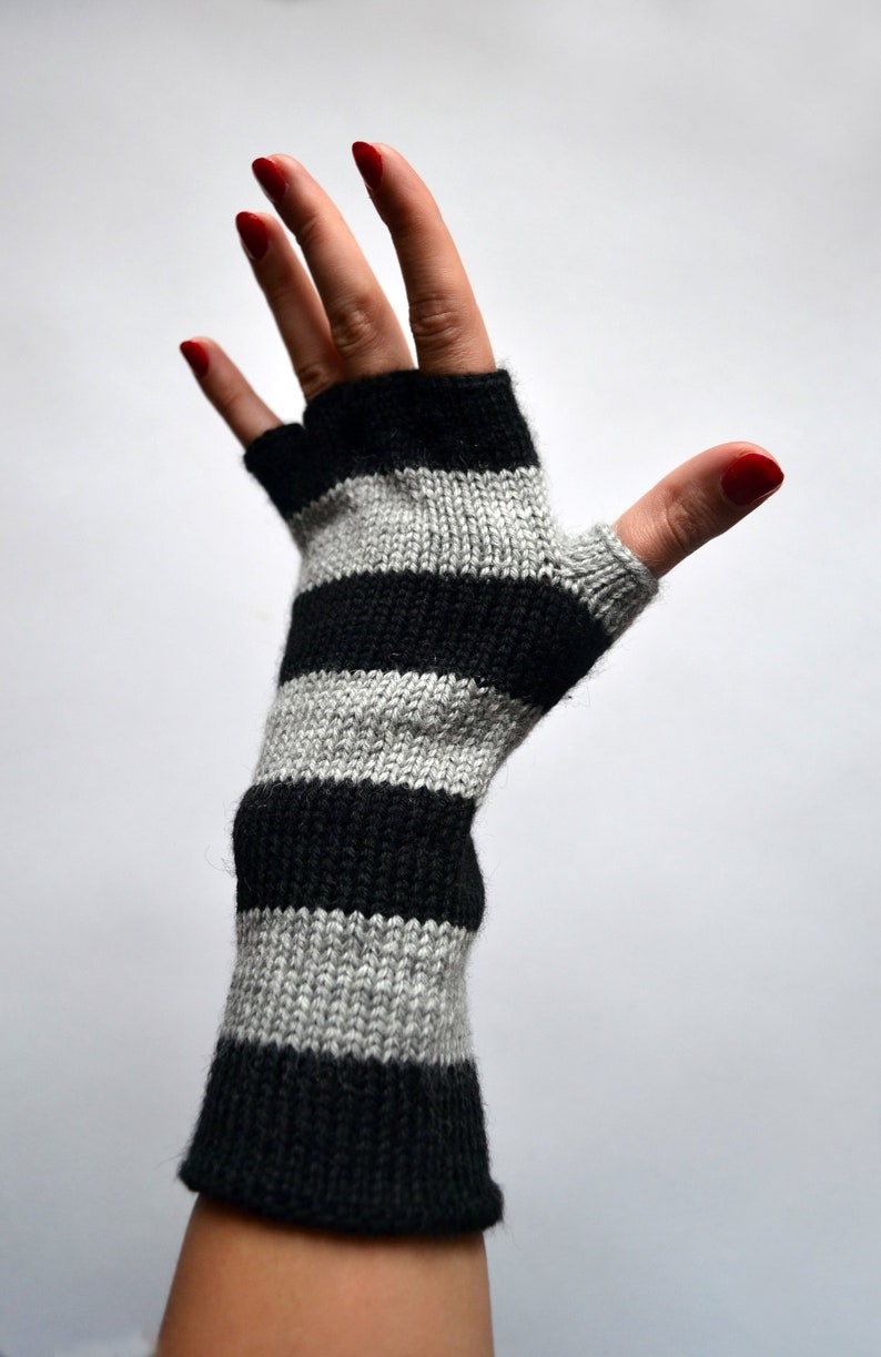 Striped black and gray wool arm warmers Gloves with fingers Etsy