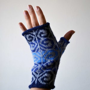 Blue wool arm warmers, Blue women fingerless gloves