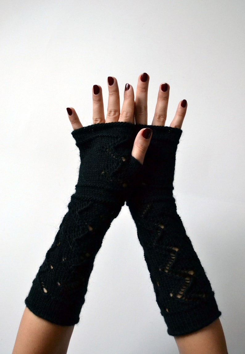 Long Black Merino Wool Fingerless Gloves, Black Women Gloves - Etsy