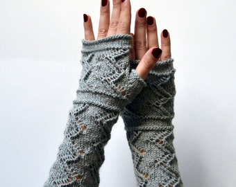 Long gray wool arm warmers, Hand knit gray fingerless gloves