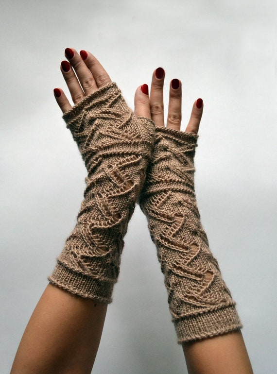 Brown long merino wool fingerless gloves for woman
