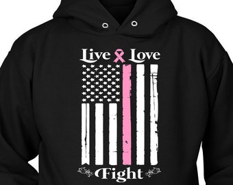 Breast Cancer Awareness "Live, Love, Fight" Hoodie, Unisex Hoodie, Breast Cancer, Pink Ribbon Hoodie