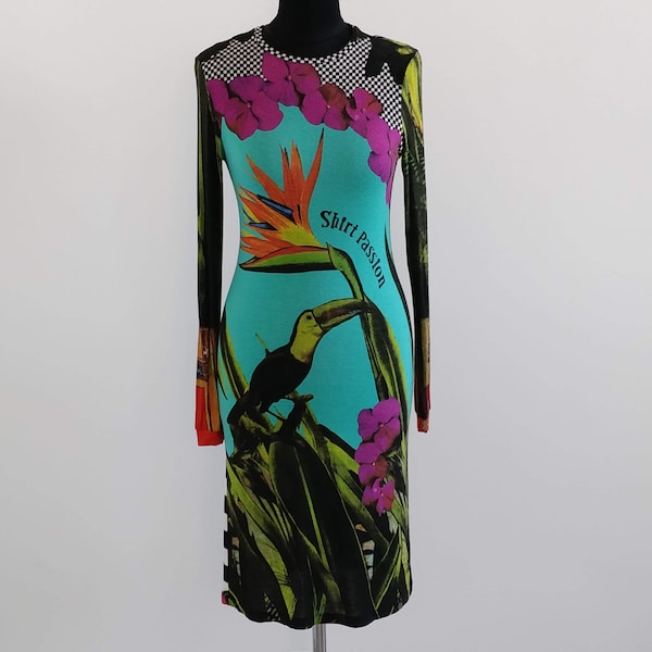 Patchwork Tropical Bird Print Bodycon Dress