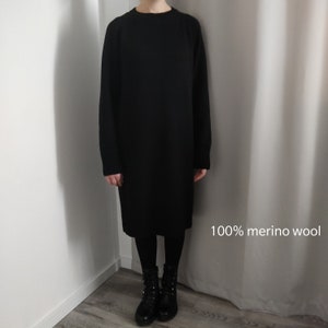 Black merino wool midi dress. Hand knit raglan black dress. Black oversized jumper midi dress. Extra fine merino wool midi dress