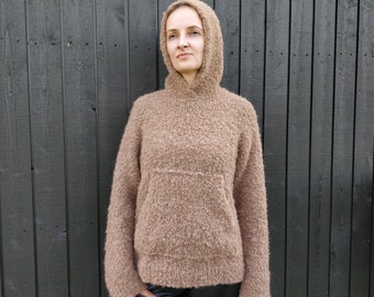 Beige boucle hoody. Boucle sweater. Camel boucle pullover. Neutral bocle hoody. Natural hand knit hoody.