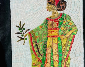 Moroccan woman glass mosaic, traditional kaftan dress, living room mosaic,wall decor, green dress mosaic,olives mosaic,green art mosaic