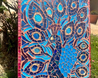 Peacock glass mosaic, cobalt blue peacock feathers, peacock art