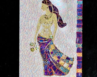 Half-naked woman wearing violet skirt with a golden necklace holding flowers modern glass mosaic wall art mixed media, erotic wallart