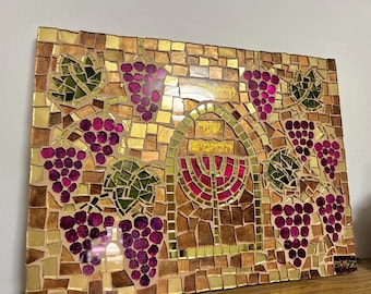 Jerusalem glass mosaic, Judaica art, Jerusalem Golden Gate, Jerusalem Menorah, Jerusalem wall art, Grapes pomegranates mosaic, Hebrew art