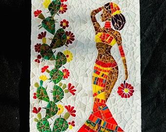 African woman glass mosaic, african dress, flower mosaic, cactus mosaic, african art, african decor, african woman art, african glass mosaic