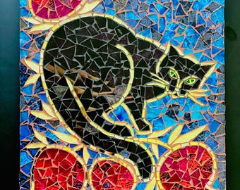 Black cat with green eyes glass mosaic, cat with red pomegranates, ornament cat mosaic, cute cat  mosaic glass, garden mosaic, cat lover art