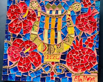 Harp, red hibiscus flower, pomegranates- garden glass mosaic wall hanging