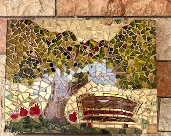 A bench under an olive tree glass mosaic, olive tree art, olive mosaic, olive branch, Mediterranean view, pomegranates mosaic, golden mosaic