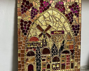 Jerusalem glass mosaic, Judaica art, Jerusalem windmill, Jerusalem Menorah, Jerusalem wall art, Grapes and pomegranates mosaic, Hebrew art