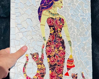 A woman with fish and cats mosaic panel wall hanging