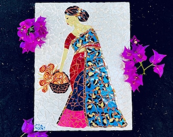 Indian woman with a basket of flowers mosaic, Indian traditional sari/saree dress, glass mosaic, living room decor mosaic