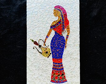 Woman with an oriental traditional coffee pot glass mosaic art, mosaic panel, mosaic for home decor, kitchen mosaic, garden mosaic
