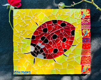 Ladybug cute garden or kitchen glass mosaic, mosaic hanging, red ladybug decor, mosaic gift, cute mosaic, bug mosaic
