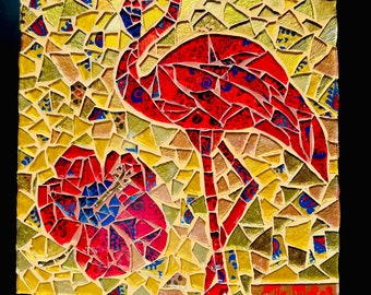 Red flamingo and red hibiscus flowers glass mosaic