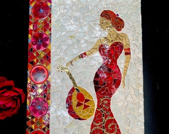 Spanish woman in a red dress with a musical instrument and poppies glass mosaic wall art