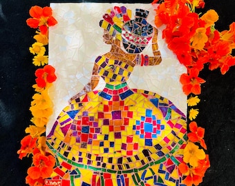 African woman glass mosaic. African dress and traditional african headwrap wall hanging. African home decor. African woman with a vase art.