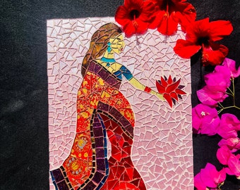 Indian woman mosaic, Indian traditional red sari/saree dress, lotus mosaic, bollywood mosaic, yoga art, glass mosaic, living room mosaic