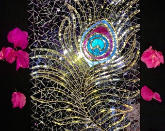 Golden peacock feather glass mosaic, peacock  mosaic, feather wall art, golden mirrow tiles, mosaic gift idea