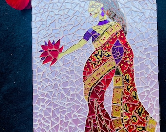 Indian woman mosaic, Indian traditional red sari/saree dress, lotus mosaic, bollywood mosaic, yoga art, glass mosaic, living room mosaic