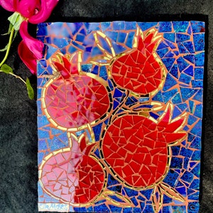 Pomegranates glass mosaic wall hanging, fruit mosaic, kitchen mosaic image 1