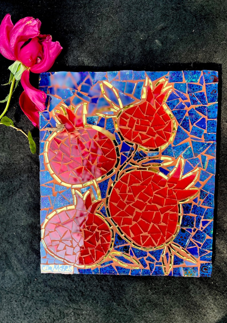 Pomegranates glass mosaic wall hanging, fruit mosaic, kitchen mosaic image 1