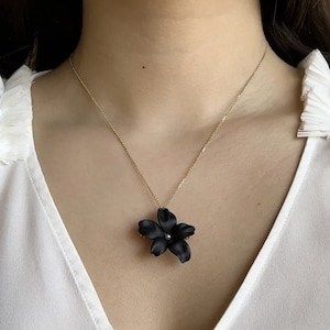 Riker Bros. Antique Art Nouveau 14K Yellow Gold & Black Enamel Violet Flower Pin Pendant | Optional 14K 18&quot; Chain