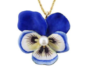 Vintage Larter & Sons 14K Gold Enamel Pearl Large Pansy Pin Brooch Pendant | Enameled Pansy | Blue Pansy