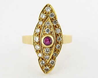 Vintage 14K Yellow Gold, Diamond & Ruby Navette Ring