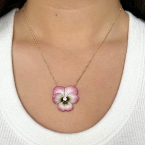Antique Art Nouveau 18K Yellow Gold & Pink Enamel Pansy Pendant on 14K Gold Chain Necklace | Brooch Conversion