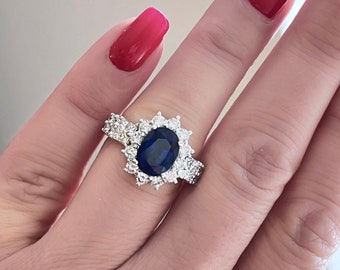 Estate GIA 3.58ct zafiro azul y 1.75ct tw diamante halo 18K anillo de oro blanco / anillo de compromiso de zafiro