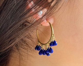 Estate 18K Yellow Gold & Lapis Lazuli Briolette Beads Hoop Earrings