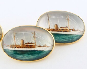 Excelente 18K oro inverso Intaglio pintura de Barcos vaporeros Cufflinks / Essex Crystal Cufflinks / Antiguos Cufflinks de Oro