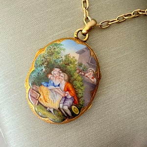 Antique French Victorian 18K Yellow Gold & Enamel Miniature Painting Locket Pendant, c. late 19th century