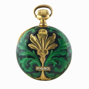 Antique Victorian 18K Yellow Gold, Green & Black Enamel Pendant Watch by H.J. Howe | Watch for Necklace | Antique Gold Pocket Watch