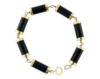 Vintage 14K oro amarillo & onyx cilindro forma enlace pulsera / barril forma onyx pulsera / art déco estilo ónix pulsera