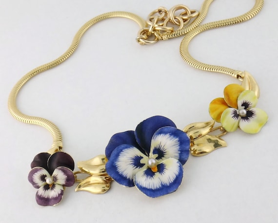 Vintage 14K Gold Enamel Enameled Three Pansy Snake