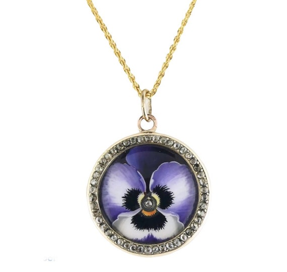 Antique 14K Silver Rose-cut Diamond Enamel Pansy D