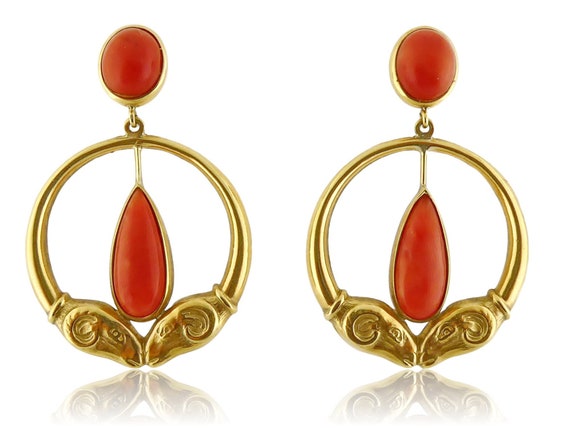 Vintage 18K Gold & Coral Ram Heads Dangle Drop Ear