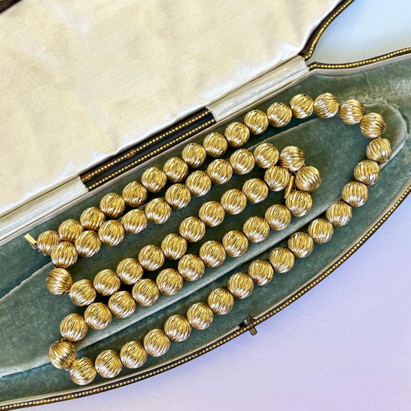 Vintage 14K Yellow Gold 25.75” Uniformed Fluted Bead Statement Necklace | 39 grams