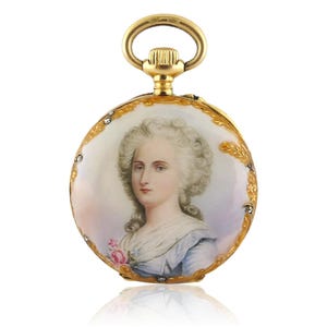 Antique Golay Fils & Stahl 18K Yellow Gold and Enamel Woman Miniature Portrait Pendant Watch, c. 1900s