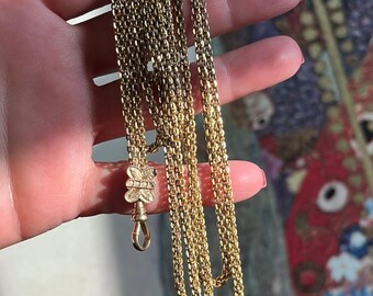 Antique Victorian 14K Yellow Gold 57.5" Long Guard Chain with Slide & Dog Clip Necklace | 43.3 grams