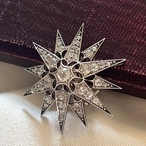 アンティーク ビクトリア朝 14K ゴールド シルバー トップ & 2.50ct-2.70ct オールド マインとローズカット ダイヤモンド スター ブローチまたはペンダント