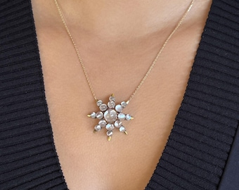 Antique Victorian 14K Yellow Gold & Moonstone Star Pendant Chain Necklace, c.1880 | Antique Brooch Conversion